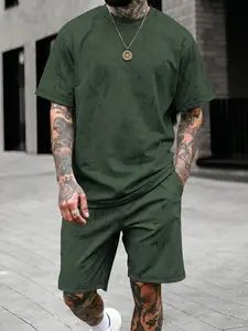Men's Casual Leaf Digital Print Round Neck Short Sleeve Set, Summer Loose Fit Fashion Tee and Shorts, Ideal for Sports and Outdoor Activities