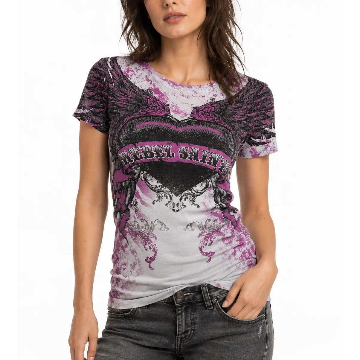 Women's Rebel Saints by Affliction Short-Sleeve Basic Regular Fit Solid Casual T-Shirt, Famous Beauty Design