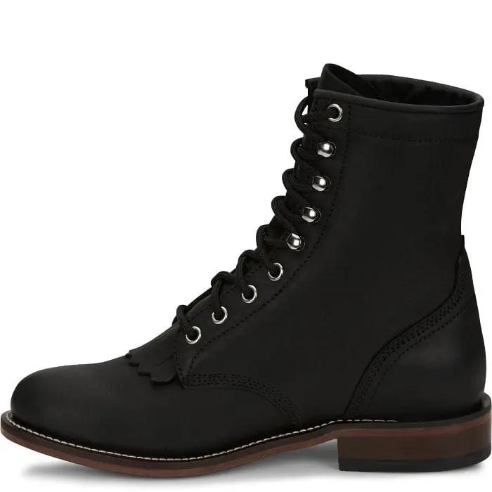 Women's Classic 7 In Justin McKean Roper Boot - Bootlace Lace-Up Closure, Black Leather, Unit Block Heel, Round Toe, Laces