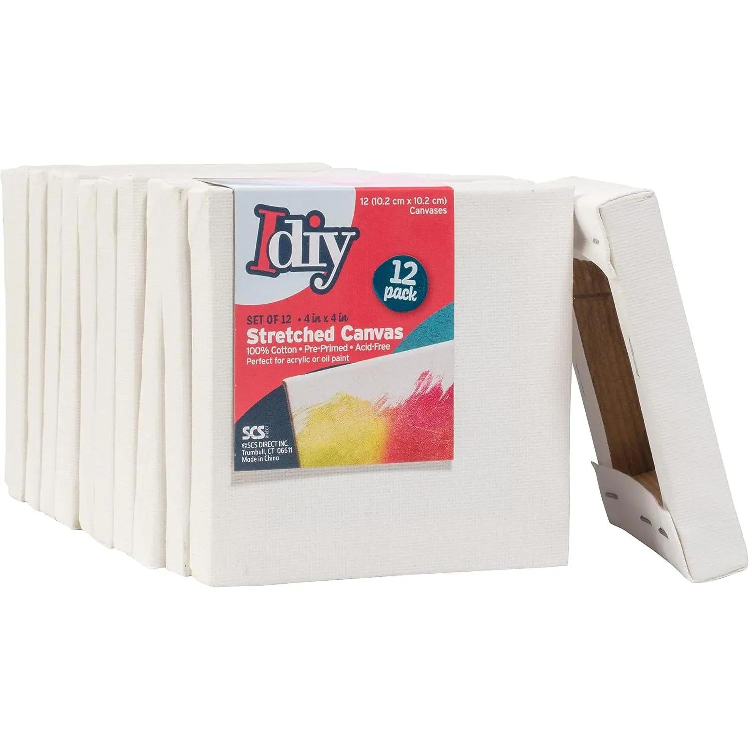 iDIY Stretched Canvas Board 4 x 4 (Set of 12) 5/8" - Classic White Blank, Pre Primed for Oils or Acrylics, 100% Cotton, Acid Free - Professional Grade for Painting or Art Project, Craft, Mixed Media