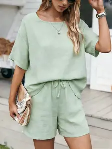Women's Fashionable Loose-Fitting Short Sleeve Shorts Set, Casual Summer, Comfortable Daily Wear, Stylish Sportswear, Everyday