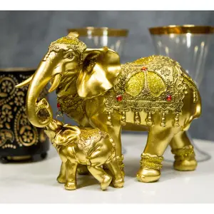Noble Golden Decorated Elephant Embracing Calf Buddha Figurine Sculpture
