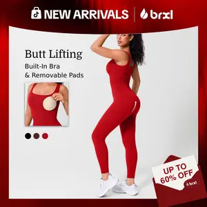 BRXL Built-in Bra Jumpsuit Stretch Sportswear Stylish Sportswear Women's Square Neck Ribbed Sleeveless Seamless Jumpsuit with Tummy Control Suitable for Casual Wear Fitness Yoga -1