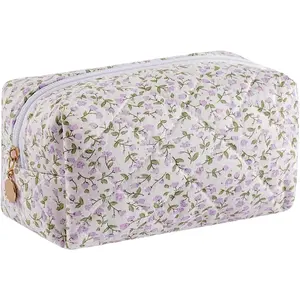 Cute Floral Makeup Bag Small Cotton Quilted  Bag, Aesthetic Essential Bag Toiletry Period Bag for Women Travel Accessories (Purple )