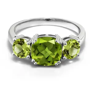 3.45 Cttw Green Peridot 3-Stone Engagement Ring For Women | 925 Sterling Silver  | Gemstone August Birthstone | Cushion 8MM | Three Stone Wedding Anniversary Promise Ring