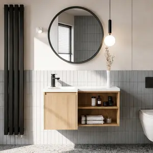 ARCH 36-Inch Corner Floating Bathroom Vanity with Integrated Resin Sink, L-Shaped Wall-Mounted Cabinet, Light Oak Finish, Soft-Close Door, Open Shelves, Space-Saving Modern Design for Small Bathrooms, Glossy White Basin, Plywood Construction