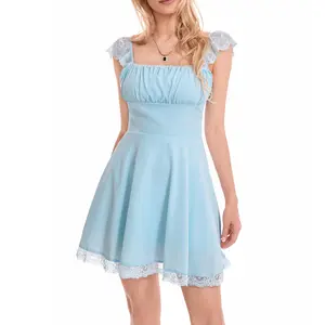 Women’s Cute Vintage A-line Dress, Short Sleeve Ruched Bust Solid Color Flowy Lady Mini Dress
