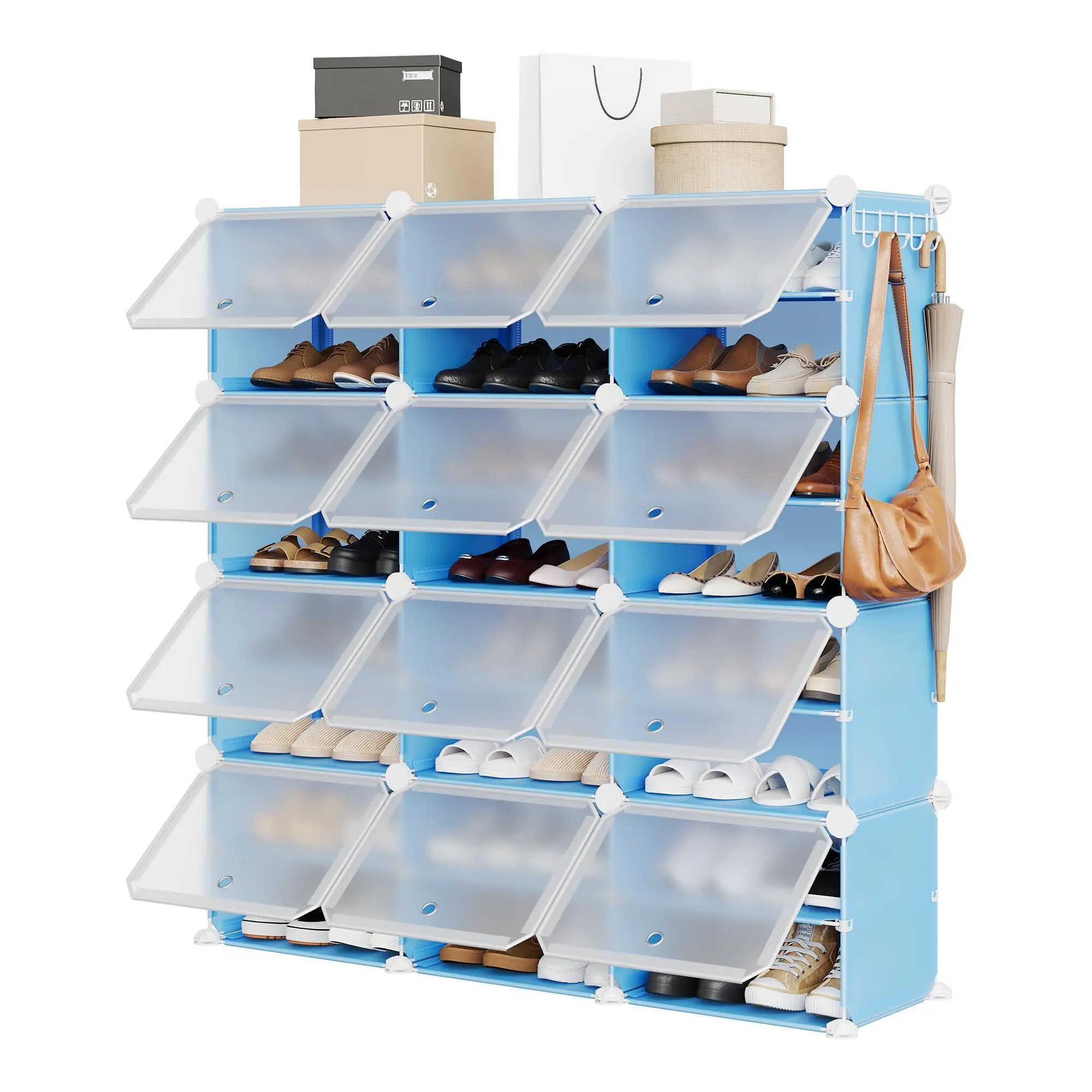 Modular Shoe Cabinet with Dustproof Transparent Doors – Shoe and Boot Organizer for Entryway, Garage, Space-Saving Storage Shelf,Blue