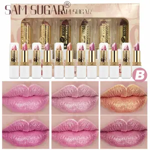 SAM SUGAR 6pcs/set Diamond Glitter Lipstick Moisturizing Hydrating Lasting Pink Sparkling Waterproof Glossy Liquid Lip Gloss Metallic Sexy Lipstick Lip Tint Lips Makeup