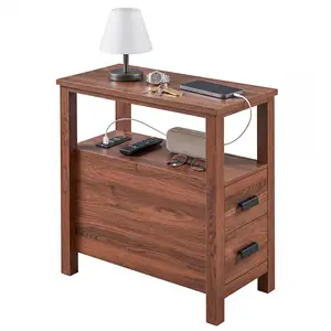 Modern End Table with 2 Drawers & Built-in Charging Station, Side Table with USB Ports & Outlets, Small Rustic Wood Bedside Table, Nightstand for Bedroom, Living Room, Apartment
