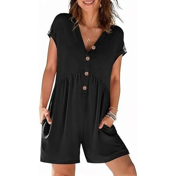 MEROKEETY Rompers for Women Summer 2026 Casual Cap Sleeve V neck Button Short Jumpsuit Overalls Beach Vacation Outfits