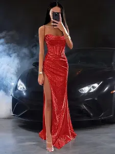 Sequin Backless Mermaid Prom Dress, Sexy High Slit Strapless Evening Gown, Elegant Spring Festival Party Wear for Women, Formal Wear