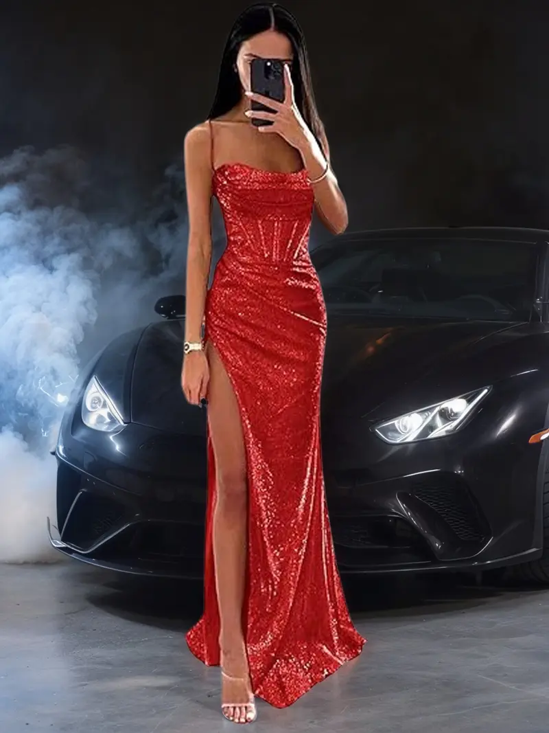 backless chiffon maxi dress HAYLO Liquid Sequin Holographic Effect Lace Up Mermaid Prom Dress