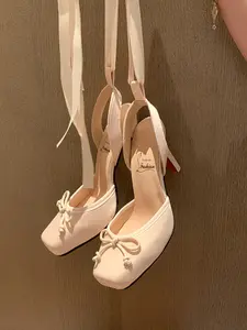 Women's Bowknot Elegant Square Toe Low Heel Sandals, Textile Material, Plain Design, All-Season Comfortable Shoes for Daily Wear & Dating