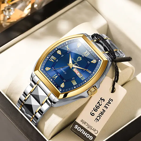 GOHUOS  Luxury Tonneau Men Watch Luminous Waterproof Date Week Man Watch Stainless Steel Fashion Original Men's Quartz Watches
