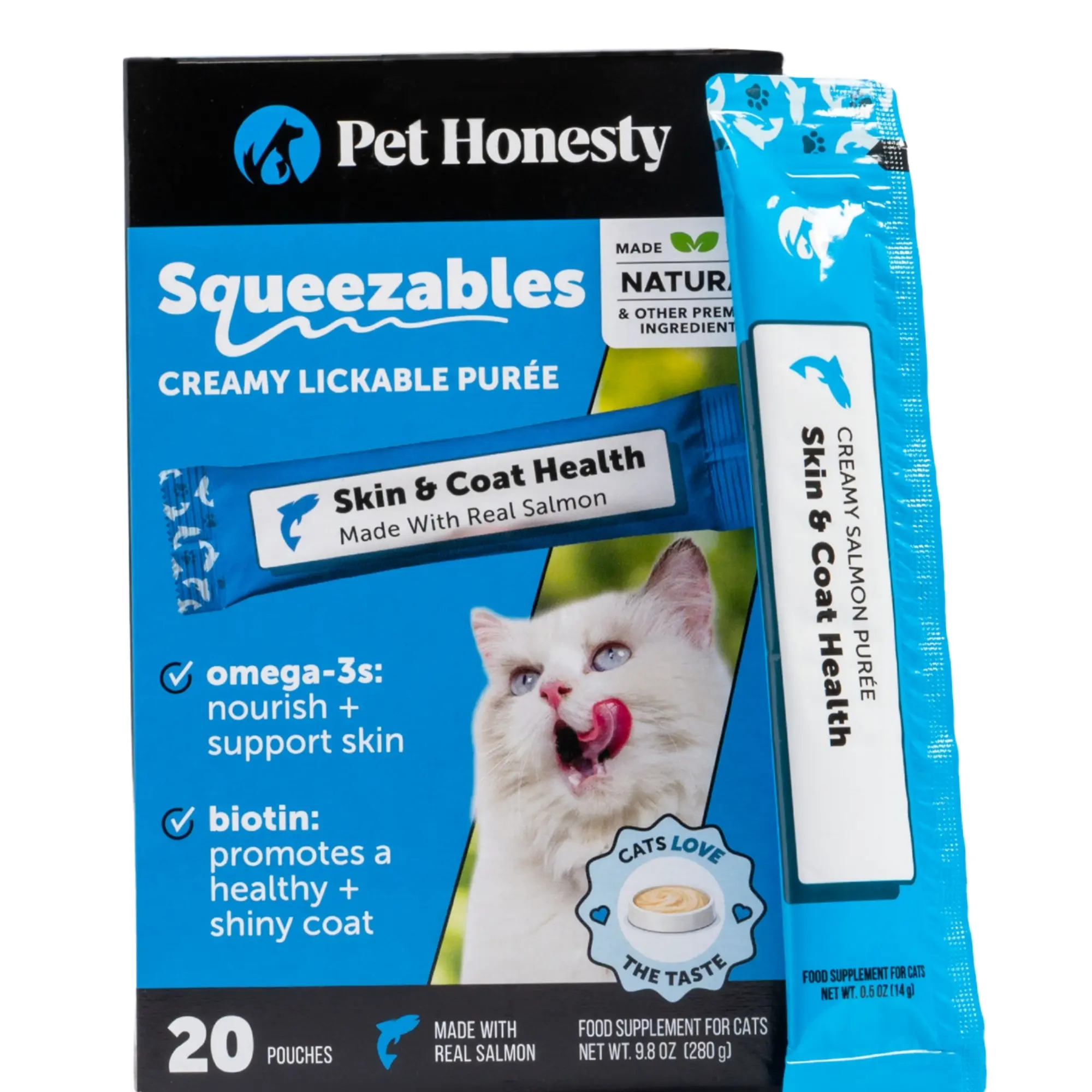 Pet Honesty Squeezables Skin & Coat Health Lickable Supplement for Cats, 20 Pouches