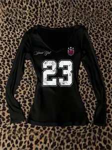 Women's V Neck Long Sleeve T-Shirt, Y2K Streetwear, Vintage Style, Casual Fashion, All Seasons Wear, Perfect for Events and Holidays