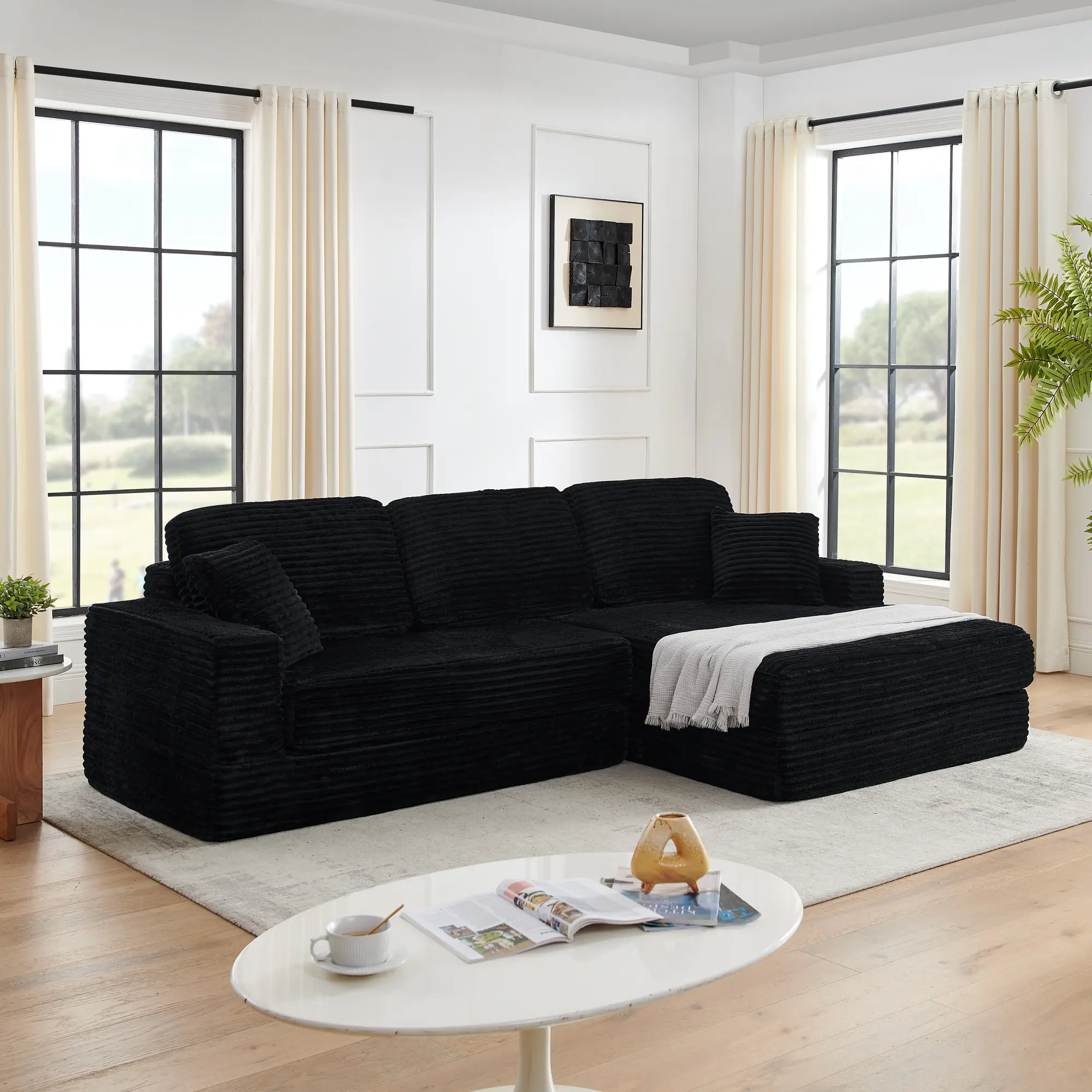 Niccae Right sofa seat,L shape Modular Sectional Sofa, Compressed Sectional Sofa Modern Minimalist Style Corduroy Couch,Unfold into a bed, Bedroom, Comfy Compressed Sofa Couch Space-Efficient Design-black