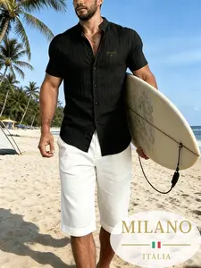 Men's Milanese Style Stand Collar Shirt, Breathable Linen Feel Short Sleeve, Ideal for Fitness Travel Light Business, Versatile Luxury Top