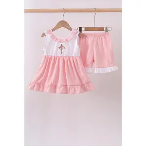 Pink cross jacquard embroidery shorts set