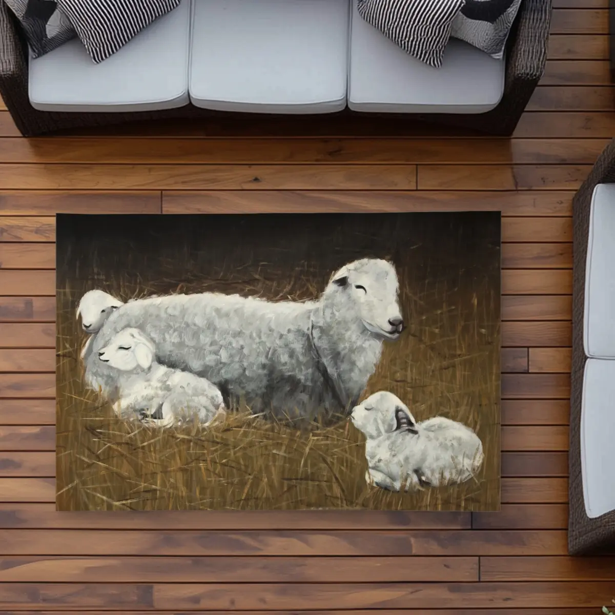 Begin Home Decor C1ROAR35I5DV05 3 x 5 ft. Sheep & Lambs Beige Outdoor Area Rug for Home Decor - Rectangle