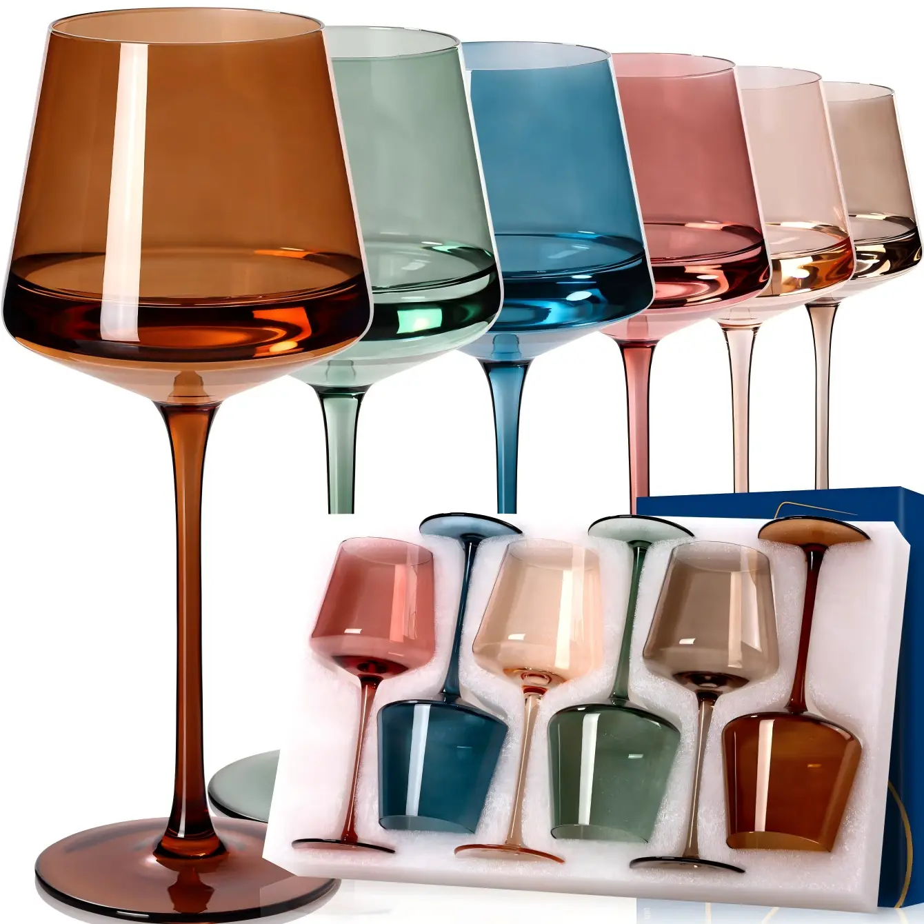 【Birthday Gifts】Muted Color Wine Glasses Set of 6, 18oz Handmade Square Wine Glass Cups, Aesthetic Colored Drinkware for Party, Wedding & Gifts
