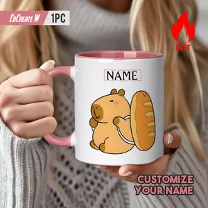 2026  1 personalized capybara and bread theme ceramic coffee mug -11oz custom name teacup, cute capybara design, reusable, dishwasher safe, ideal gift for adults, perfect for coffee bar accessories