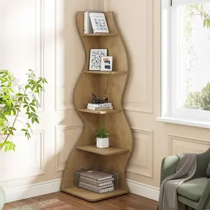 LustreC Corner Shelf, Modern 5-Tier Wall Corner Bookshelf, Stylish Corner Small Bookcase Storage Rack Plant Stand with Unique Shape for Living Room, Home Office (Light Brown, 2PCS/1pcs)