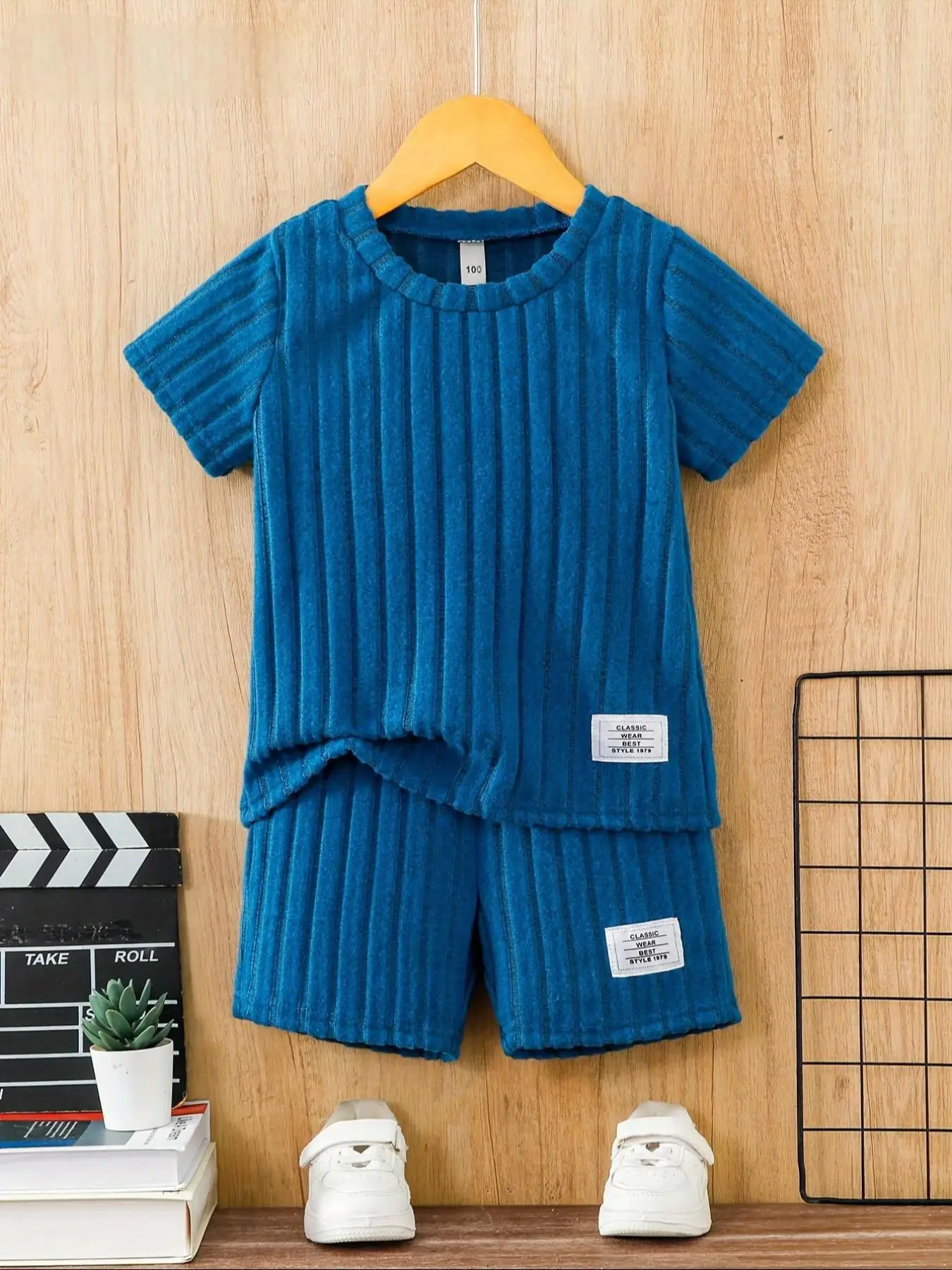 Two-Piece Set Toddler Boy's Solid Ribbed Short Sleeve Tee & Elastic Waist Shorts, Casual Round Neck T-shirt & Shorts for Summer, Kids Clothes for Dail
