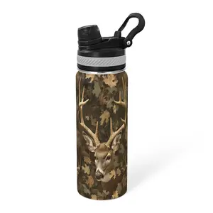 20Oz Camouflage-patterned deer with autumn leaves Double Wall Insulated Water Bottle with Straw And Lid, Stainless Steel Sports Bottles Mug for Home Office, Suitable for Fitness, Travel, Office, And G
