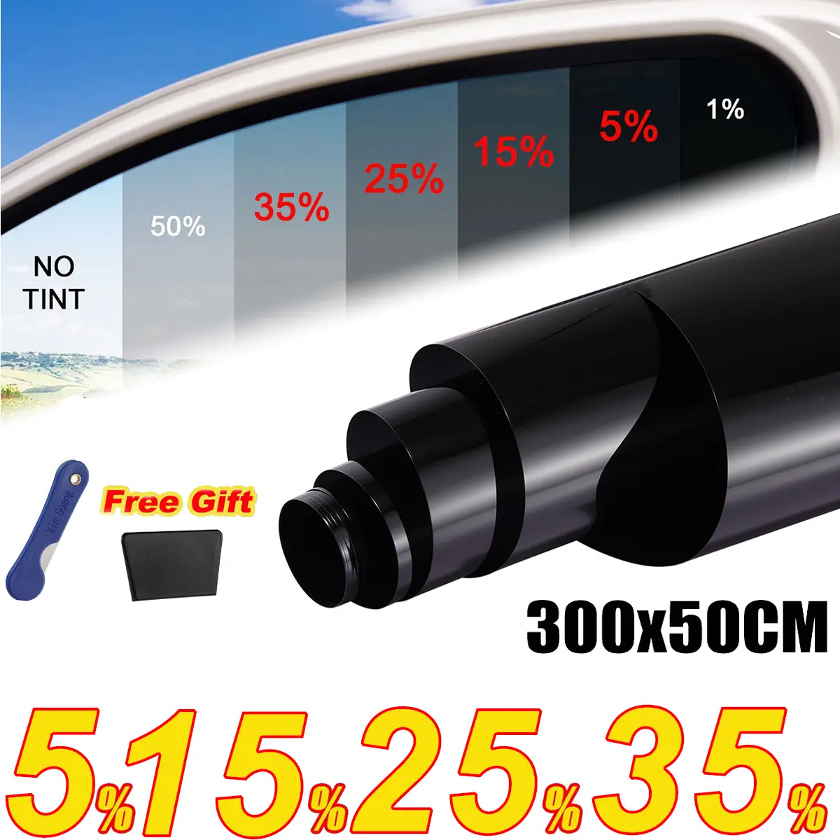 Uncut Black Window Tint Roll - 5%/15%/25%/35% VLT, 20" x 10ft, Privacy UV Heat Blocking Film for Car, Home Glass