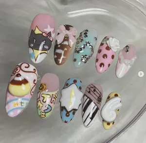Sweet and Whimsical: Cute Cat, Ice Cream, and Candy-Themed Nail Art with Fun, Colorful Details