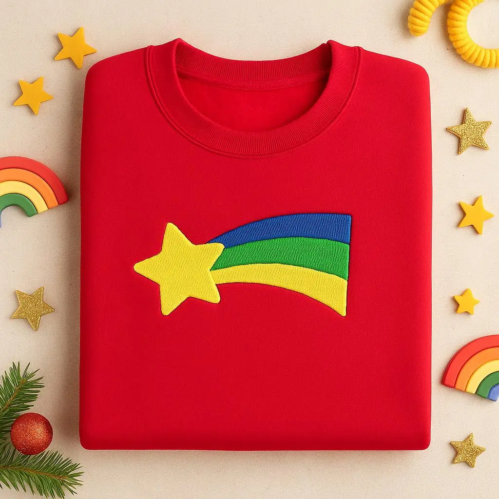 Embroidered Rainbow Star Sweatshirt T-Shirt Hoodie, Shooting Star Costume Crewneck, Colorful Halloween Shirt, Cute Cartoon Fan Gift
