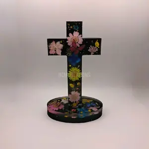 HCM Designs Floral Cross Decorative Stand with Colorful Flowers and Butterflies for Home Decor