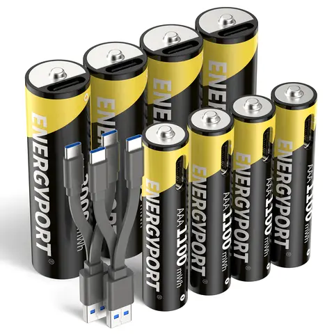 ENERGYPORT 8-Pack USB Rechargeable Lithium Batteries, 1.5V AA and AAA Combo Pack, with 2 USB-C Charging Cables