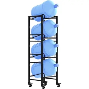 Heavy Duty 4 Tier Water Rack with 4 Wheels - Space Saving Stand for Four 5 Gallon Jugs, Black