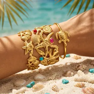 Stainless Steel Ocean Series Wide Bangles for Women Gold Color Metal S Starfish Wave Open Cuff Bracelet Beach Party Jewelry