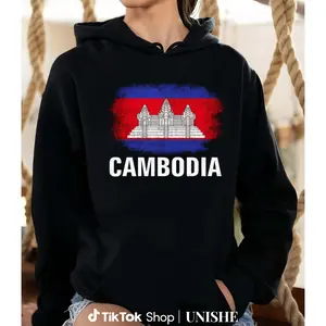 Long Sleeve Unisex Hoodie with 100% Vintage Cambodia Flag Design – Unique Gift