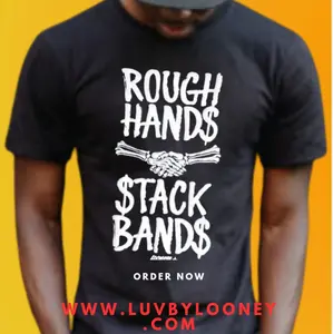LUV by LOONEY T-Shirt Casual Black with Graphic Text Design Featuring "ROUGH HANDS" and "STACK BANDS" Text - Tropical, Man, Short, Menswear Top Crewneck Tshirt Shortsleeve