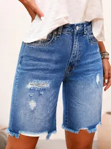 Women's Ripped Mid-Rise Denim Bermuda Shorts, Frayed Raw Hem, Stretch, Womenswear Bottom