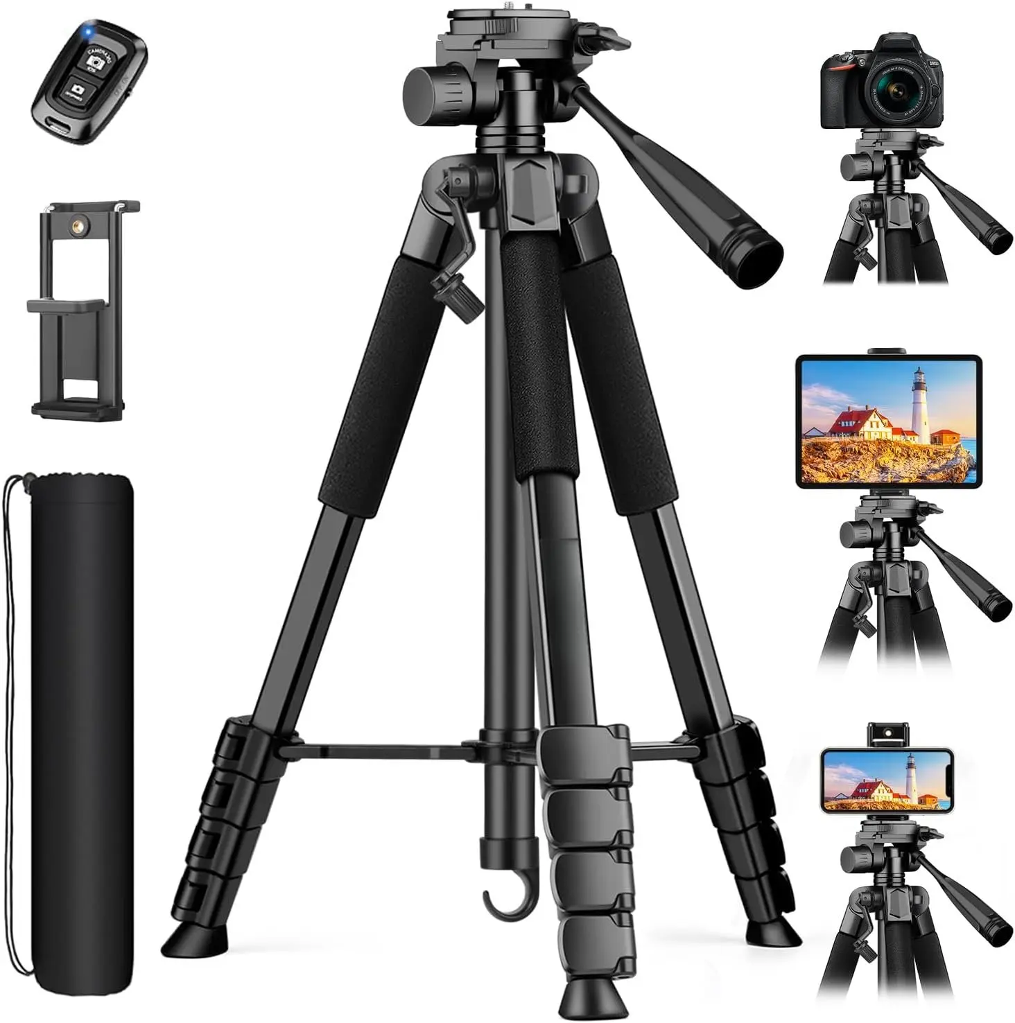 68" Phone Tripod, Camera Tripod for iPad  Tablet with Remote and Holder, Lightweight and Compact Travel Tripod, Phone Stand for Video Recording Travel Photo Vlog Photography