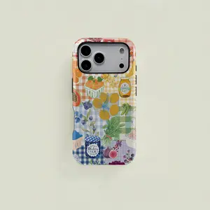Colorful checkered watercolor-style fresh fruit patchwork protective case, sturdy and durable 2-in-1 case, compatible with iPhone 17/16/15/14/13/12/11 Pro Max/Plus/Pro, Samsung Galaxy S25/S24/S23 Ultra series, simple and stylish phone case.