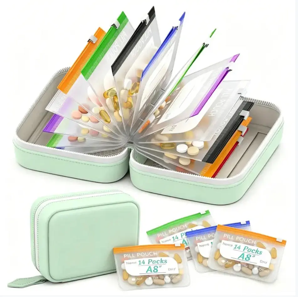 2026 A8 Waterproof Pill Pouch Set, Large Weekly Pill Organizer with 14 Color-Coded Medicine Pouches, Reusable Travel Medicine Organizer, Zippered Pill Storage for Fish Oils, Vitamins（Black） Dual Mesh