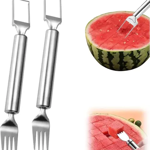 2Pcs Steel-Solid Stainless Steel 2-in-1 Watermelon Fork Slicer Cutter Set - New Upgrade Dual Head Kitchenware, Dishwasher Safe Summer Home Fruit Utensil for Everyday Use
