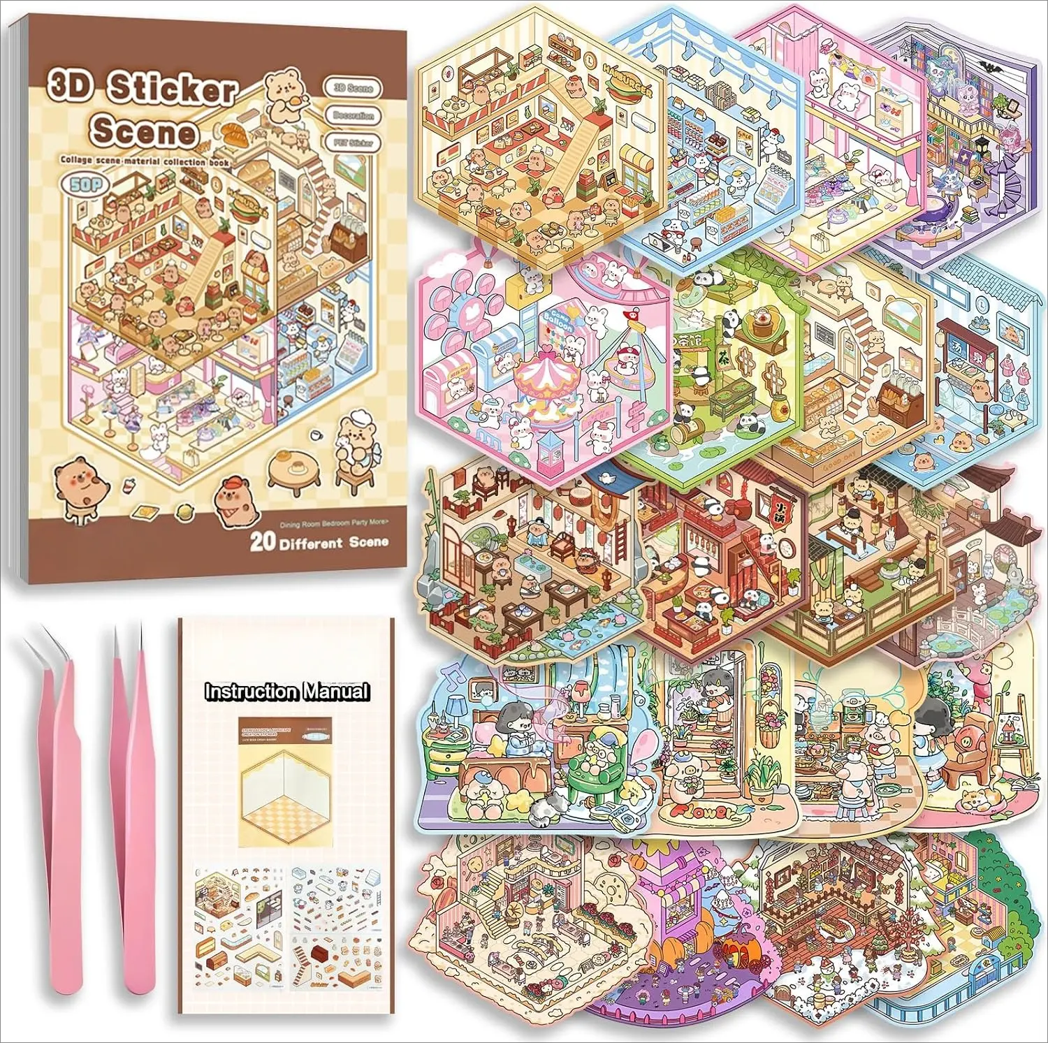 20 Sets DIY 3D Sticker Scene Collection Book for Kids Adults Cute Make Your Own Shop House Stickers for Gifts Stickers Therapy for Adult Relief Stress Pass The Time Play Park Hamburg Castle Library