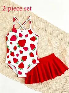 Girls Strawberry Pattern Swimsuit Set, Cute Two-Piece Swimwear, Strapless One Piece Top & Layered Ruffle Skirt, Beach Vacation