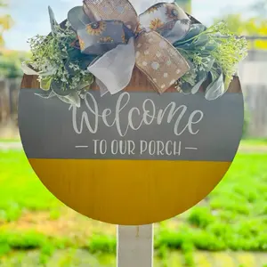 Welcome to Our Porch Wooden Door Hanger with Sunflower Accents and Bow for Outdoor Decor