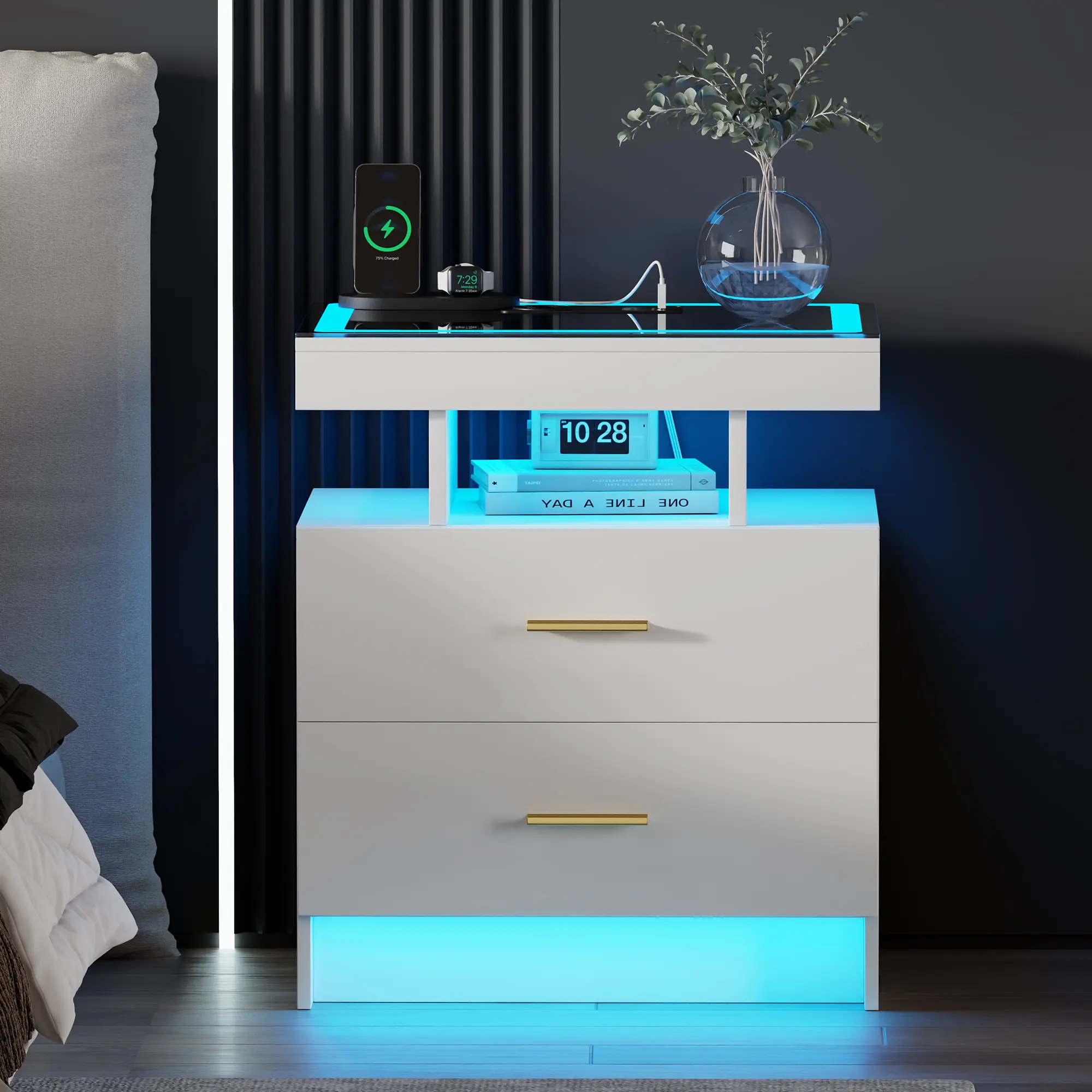 Lvifur Modern LED Nightstand with Wireless Charging Station, Smart Bedside Charger Bedroom Furniture, 2 Drawers, Glass Top, 3-Color Dimmable Light, High-Gloss Beside Table with USB Type-C Port, Modern Nightstand