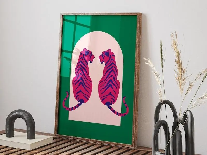 Colourful Year of Tiger Poster, Boho Tiger Wall Print, Minimal Tiger Wall Art, Designer Tiger Art, Green Pink Decor, Dorm Decor - No Frame