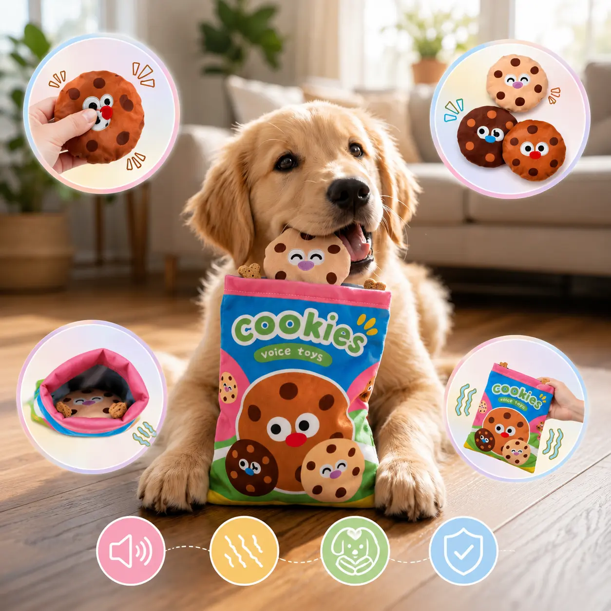 4-in-1 Cookie Hide-and-Seek Dog Toy Set with 3 Squeaky Plush Cookies, Interactive Snuffle Bag, Crinkle Enrichment Puzzle Toy for Small, Medium & Large Dogs